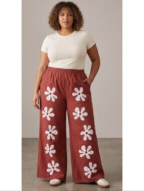 Cider Red Denim Flower Print Wide Leg Pants Size 4X